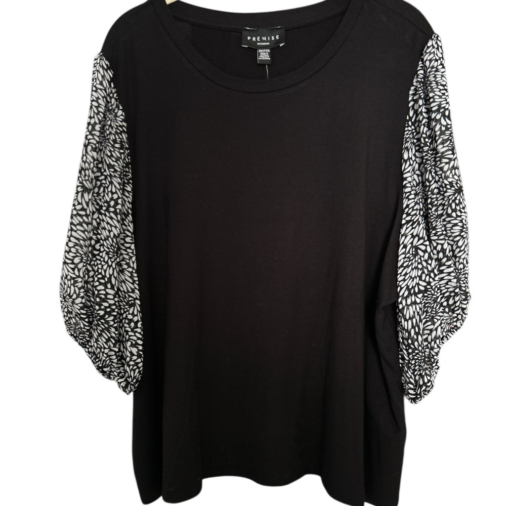 Premise Black Blouse with White Patterned Sleeves
